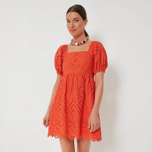 TUCKERNUCK Puff Sleeve Eyelet Pockets Orange Mini Dress S NWOT - Picture 1 of 12